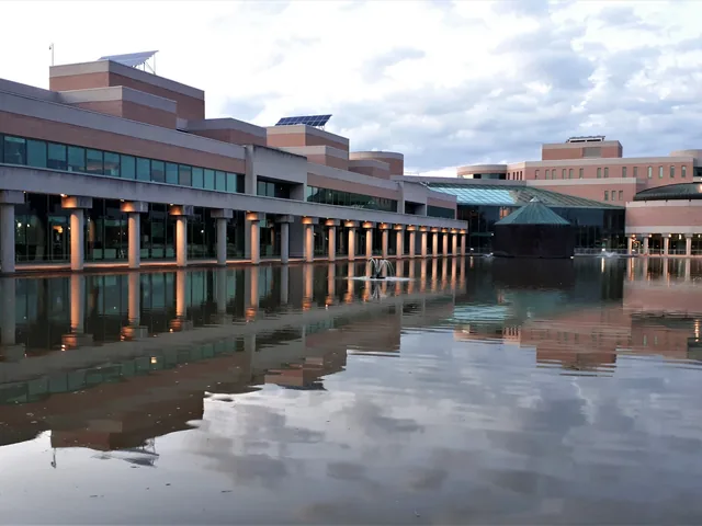 Markham Civic Centre and its reflecting pool in the evening