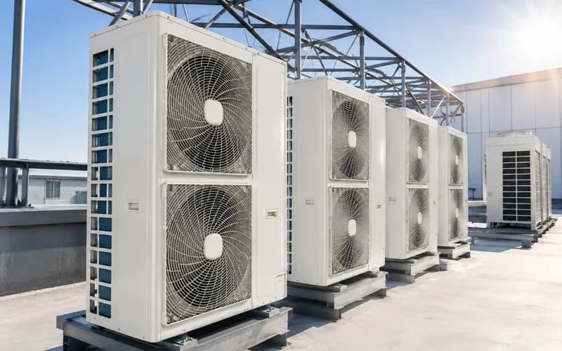 Row of commercial rooftop HVAC condenser units on a building roof